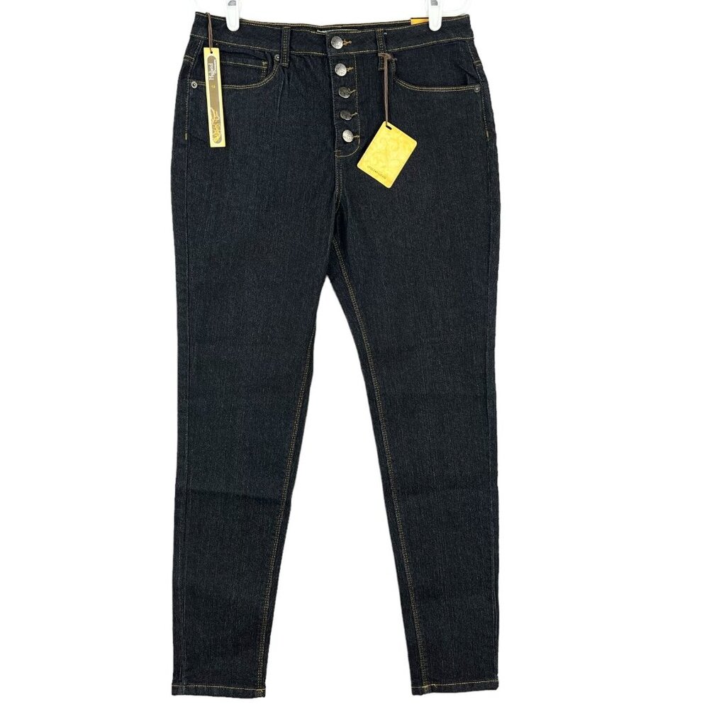 NEW‎ Hybrid Women's Denim Jeans Size 13 Skinny Stretch Buttons Mid Rise Black